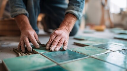 Obraz premium Hands of a skilled craftsman carefully laying blue tiles on a floor, demonstrating precision and expertise in tiling.