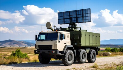 Military vehicle with radar system in a scenic landscape