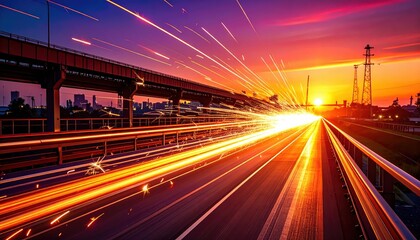 Vibrant Sunset Overpass Scene with Light Trails and Sparking Effects