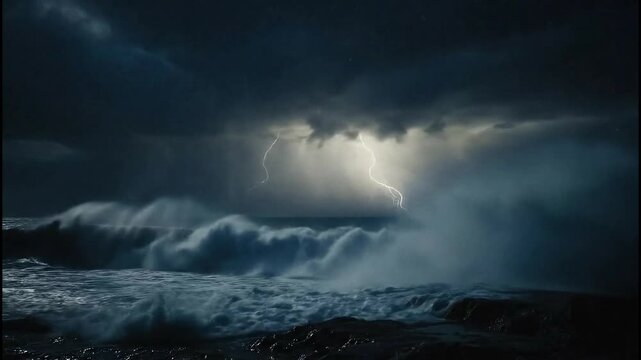 Epic cinematic shot of a powerful lightning storm over a rough ocean with waves crashing on a rocky shore.