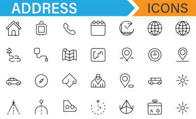 Collection of vector icons featuring address, home, and destination symbols
