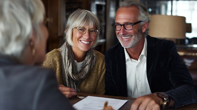 Happy senior couple meeting with financial advisor planning retirement investments and insurance options