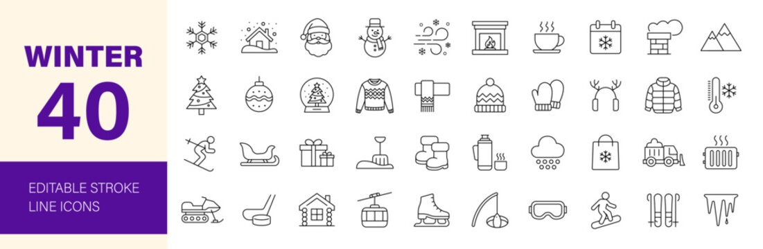 Winter icon set. Containing snow, snowflake, cold, ski, Christmas, Santa Claus, icicle, snowman, sleigh, sweater, ice skates, snowboard and more. Editable line icons. Vector illustration.