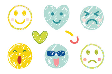 Emotions Illustration: A vibrant illustration of hand-drawn emoticons conveys a spectrum of feelings, each expressing a unique emotional state through simple, yet expressive lines and colors.