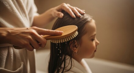 Tender moment of haircare. Parent brushes child's wet hair after bath. Ideal for family lifestyle, beauty product ads, or health and wellness campaigns. 