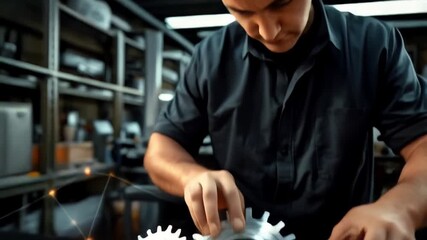 Precision engineering: Close-up of technician aligning metal gears on dark surface. - Powered by Adobe