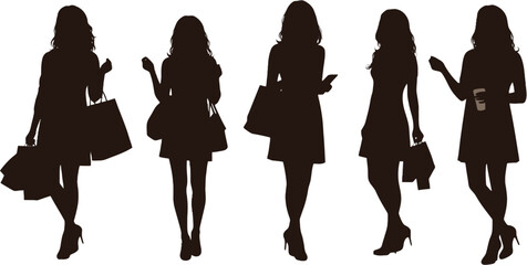 Vector art of silhouette of women with shopping bags and coffee cups isolated on white background