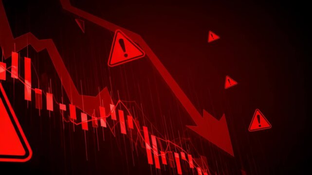 Red Stock Market Crash Illustration Featuring Downward Arrow and Warning Signs on a Dark Background Representing Financial Crisis and Investment Risk