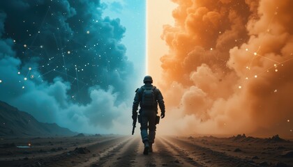 Obraz premium Astronaut Walking Through Vibrant Cosmic Clouds of Blue and Orange
