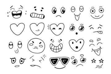 Expressions of Emotions: A collection of cartoon face expressions, depicting diverse emotions. The simplicity of lines gives artistic feeling, perfect for communication concept.