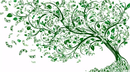 vector art of financial tree with cascading branches and green dollar leaves, conceptual growth layout, top-down view, white background, design-ready format money tree finance dollar leaves 