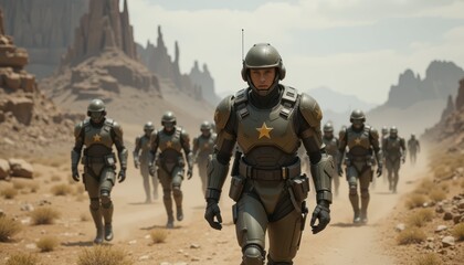 Fototapeta premium Futuristic Soldiers Marching Through Desert Landscape in Sci-Fi Setting