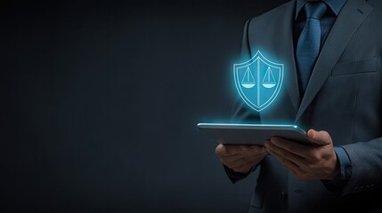 Justice and protection symbolized on a tablet.
