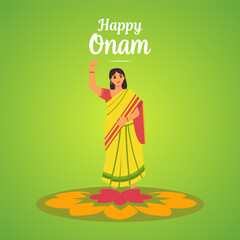 Onam happy festival girl flowers, vector art illustration.