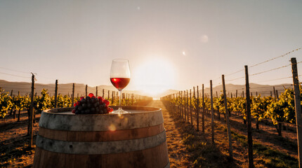 copa de vino sobre barril de madera con uvas del lado izquierdo de la imagen , atardecer , vineyard mendoza argentina wine, wine cellar, grapes, vines 