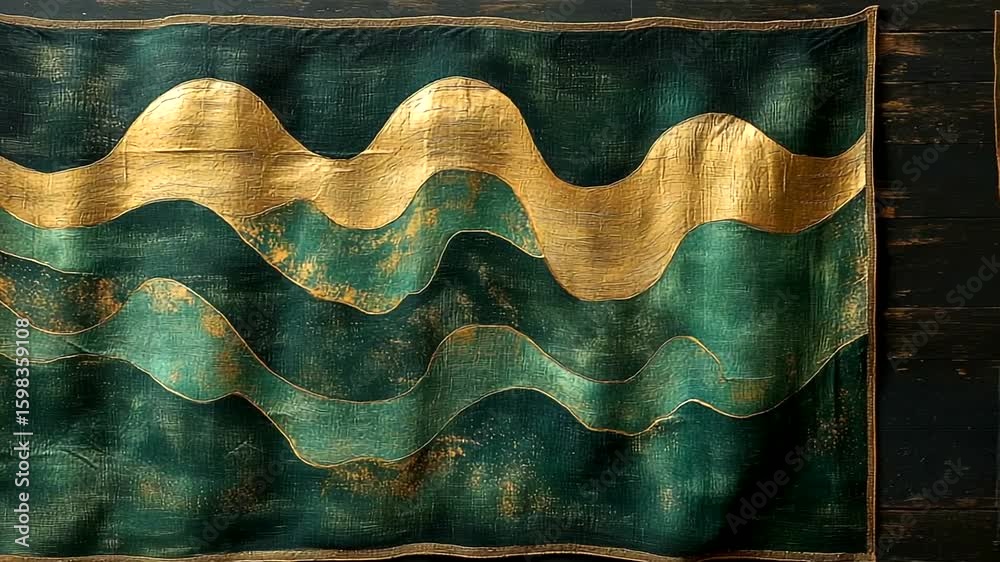 Wall mural elegant abstract art with golden waves on deep green canvas visual background
