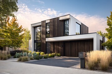Residence With A Boxy, Geometric Layout Made Of Dark Oak Panels And White Plastered Concrete. The Second Floor Slightly Cantilevers Over The Driveway, Which Is Made Of Black St
