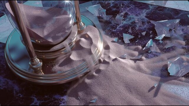 Captivating hourglass spills shimmering sand amidst shattered glass and swirling cosmic backdrop