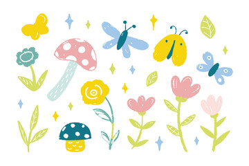 Whimsical floral element design : A colorful design showcasing a charming collection of cartoon flower with whimsical touch, offering a lighthearted and joyful aesthetic