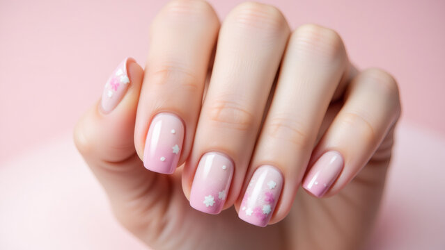 Pink Ombre Nail Art with Floral Design, Spring Manicure, Beauty and Fashion concept