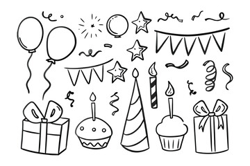 Obraz premium Birthday doodle elements: A charming collection of hand-drawn doodle elements, perfect for adding a touch of fun and festivity to any celebration. Balloons, stars.
