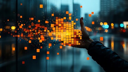 Digital hand interacting with pixelated data on a dark urban backdrop.