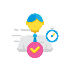 Business person with stopwatch and checkmark icon representing efficiency and success