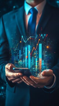 Businessman holding mobile phone displaying financial data and cityscape with rising market graphs