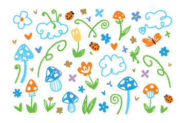 Whimsical Botanical Dreamscape: A delightful artistic collection of hand-drawn elements creates a vibrant and cheerful scene, featuring playful flowers, enchanting mushrooms, and delightful insects.