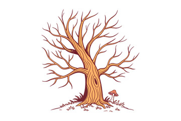 A detailed illustration of a bare deciduous tree with intricate branches and a textured trunk isolated on white background silhouette