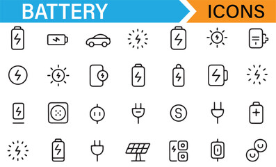 A collection of battery-related icons, including charging, electric vehicles, and power symbols