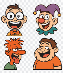 Cartoon Characters' Heads: Nerd, Joker, Redhead, and Chubby Man