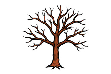 A detailed silhouette of a bare deciduous tree with intricate branches and a textured trunk isolated on white background