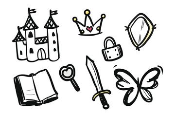 Fairytale Icons: An enchanting collection of hand-drawn fairytale icons. Featuring a castle, crown, mirror, lock, book, magnifying glass, sword, and butterfly. Capturing whimsical charm.