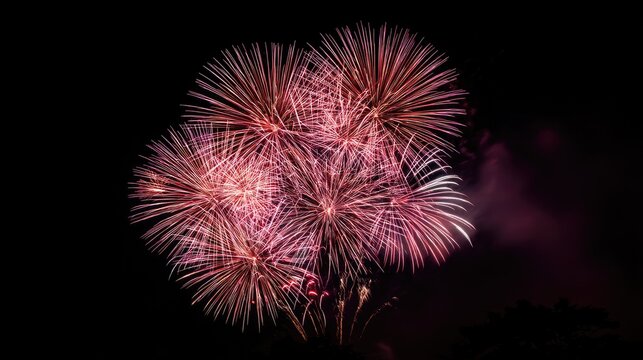 Pink fireworks explode in the night sky.