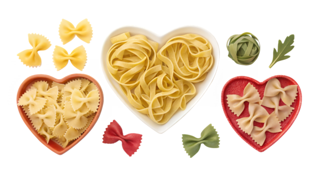 Arrangement of pasta types in heart shaped bowls and loose pieces on transparent background - Powered by Adobe