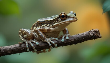 Obraz premium Close-Up of Beautiful Frog Sitting on a Branch in a Rainforest