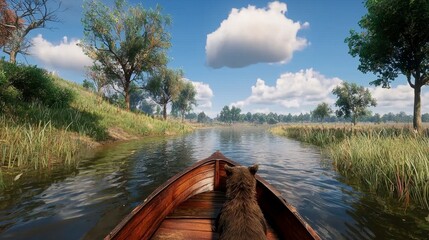Brown Bear in Wooden Boat on Calm River under Partly Cloudy Sky