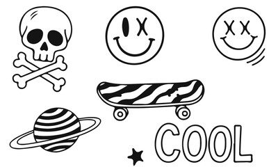 Dynamic Doodle Art Collection: Hand-Drawn Teen & Youth Culture Vector Graphics – Featuring Skulls, Headphones, Skateboards, Emojis, and Edgy Urban Symbols for Trendy Designs, Apparel, and Creative 