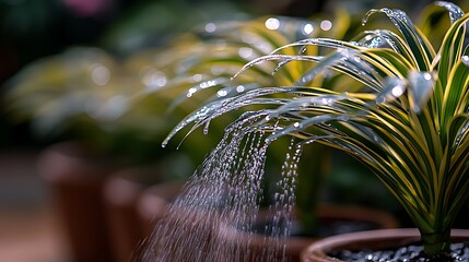 Water cascading over a variegated plant.