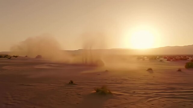 Dusty landscape with a mirage or dust devil at sunset, mountains in the distance