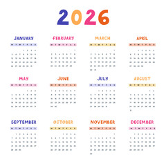 Lovely minimal calendar template for 2026 year with weeks starts on Monday. Vivid calendar grid 2026 with funky font for nursery, corporate, stationery. Square monthly calender layout for schedule.