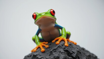 Colorful Plastic Frog on a Stone with Vibrant Red Eyes and Texture