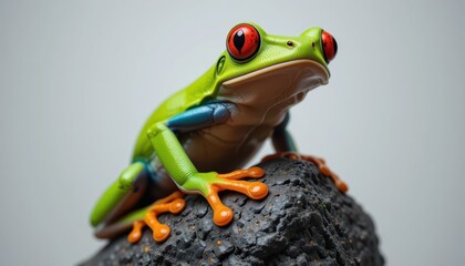 Obraz premium Colorful Red-Eyed Tree Frog Sitting on a Rock with Green Background