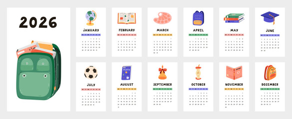 Childish education calendar template for 2026 year with cartoon clipart of school supply and stationery. Calendar grid with weeks starts on Monday for kids nursery. Vertical monthly calender layout.