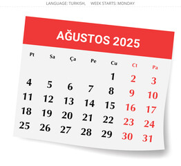 Turkish calendar for august 2025. Vector illustration for month for Turkey. Paper with shadow
