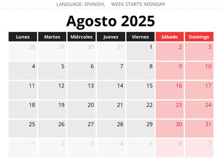 2025 Spanish august monthly calendar - agosto. Vector illustrations for month Spain