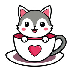 Cute feline vector illustration: a funny cartoon kitty with a big red heart, perfect for a love-themed greeting card
