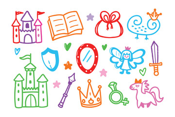 Enchanting Realm Doodle: Hand-drawn, whimsical illustrations of a princess realm, including castles, crown and magic wand, perfect for injecting a touch of fairytale charm.