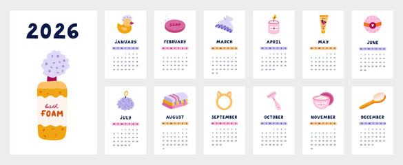 Lovely calendar template for 2026 year with cartoon hygiene, shower, bathroom clipart. Calendar grid with weeks starts on Monday for kids nursery. Vertical monthly calender layout for schedule.